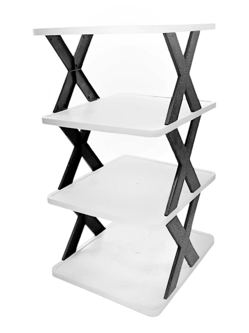 Plastic 4 Layer Foldable Shoe Rack (White & Black, Free Size)