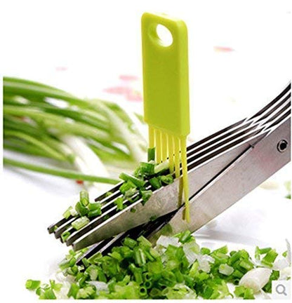 Generic 5 in 1 Vegetable Scissor Multi-Functional Stainless Steel Kitchen Knives 5 Layers Scissors for Kitchen use Cut Herb Spices Cooking Tools Vegetable Cutter with Cleaning Brush (Multicolor)