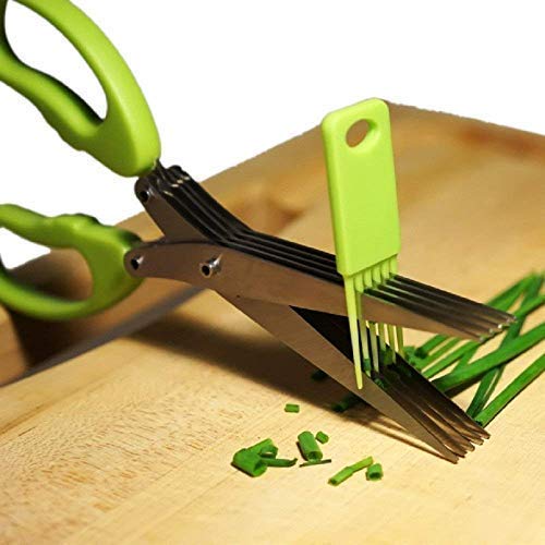 Generic 5 in 1 Vegetable Scissor Multi-Functional Stainless Steel Kitchen Knives 5 Layers Scissors for Kitchen use Cut Herb Spices Cooking Tools Vegetable Cutter with Cleaning Brush (Multicolor)